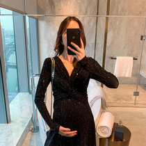 Pregnant woman dress autumn black thin temperament age-reducing pregnant woman dress Foreign style cover belly tide mom socialite