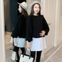 Pregnant women spring and autumn hot mom fake two thickened crew neck sweater 2021 new fashion medium-long large size loose top