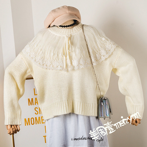 TG44#Korean version of chic Lace splicing Ruffle Sweet Sweater Women Loose knitted sweater 2018 Winter New-in  bhiner lolita fashion