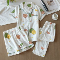 Japanese three-piece pajamas short-sleeved cotton gauze spring and summer cotton womens thin shorts trousers home wear set