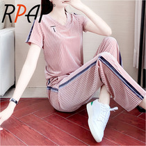 RPAP sports suit womens summer 2021 fashion loose Western style V-neck short-sleeved top wide-leg pants two-piece set