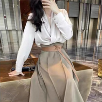 Pregnant womens shirt spring and autumn small man French temperament loose inner v collar cross solid color long sleeve professional shirt Women