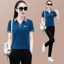 Sports suit Women Summer Ocean Gas 2022 new loose Han version Turned Collar Short Sleeve Fashion Casual Two Sets
