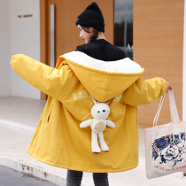 Pregnant womens autumn and winter cotton clothes large size loose Korean winter windbreaker medium long cotton suit plus velvet thick hooded jacket