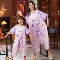 Summer Parenting Pyjamas Pure Cotton Short Sleeve Mother Woman Dress Sleeping Dress Slim Fit Children Cartoon Conjoined Clothing Can Be Worn Outside The Home Wear
