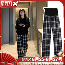  Pregnant womens pants spring and autumn new hanging wide-leg pants extended outer wear large monthly spring mopping pants retro plaid pants
