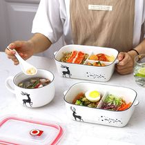  Ceramic three-grid lunch box Rectangular sub-grid microwave oven special heating lunch box bowl lunch box insulation bag Lunch box