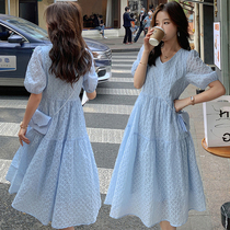 Maternity dress Summer dress thin bubble sleeve temperament long dress Thin age small fragrance over-the-knee long dress