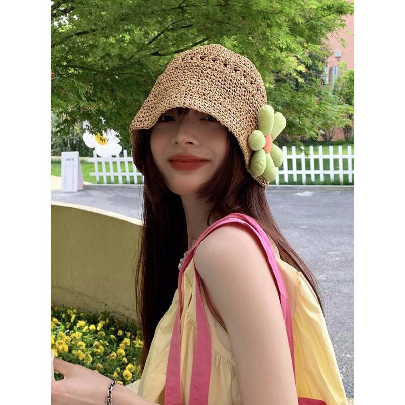 ブルーイヤー日本製手作りわら漁師帽子女性の韓国スタイル日よけ麦わら帽子夏かわいい花が顔をカバーし、保護します