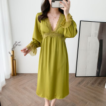 Sexy pajamas women's palace nightgown spring and autumn with chest pad long sleeve lace princess wind ice silk summer thin household clothing