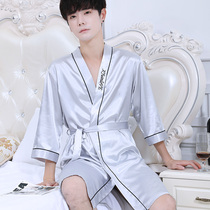 Summer thin ice silk pajamas nightgown men long sleeve silk large size bathrobe Korean version loose spring autumn home clothes