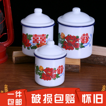 Nostalgic enamel cup wedding Double Happy word vintage iron tea cylinder with lid old cadre large capacity number water Cup
