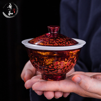 Wuhe Lacquerware Tea set Dehua sheep fat jade white porcelain Chinese court natural lacquer Handmade lacquer Ceramic cover bowl