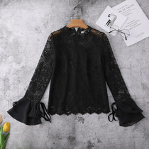 2021 new spring and summer black long sleeve lace top female wild base loose trumpet sleeve hollow lace shirt
