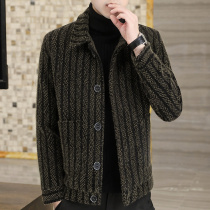 Mens short trench coat 2021 autumn and winter New stripes slim handsome woolen tweed coat thick mink woolen trend