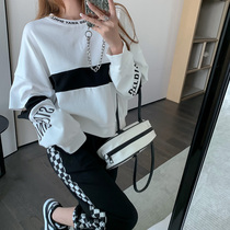 Lazy wind spring and autumn thin sweater design sense niche loose slim hollow color matching blouse female ins tide