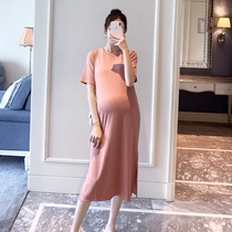 Maternity dress summer thin knitted solid color T-shirt long skirt 2021 new summer split maternity dress