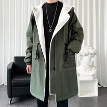 Cashmere coat mens winter plus velvet padded high school students handsome large size cotton clothes tide loose medium and long cotton clothes