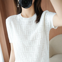 Pure cotton knitted womens t-shirt short-sleeved refreshing thin section hollow round neck loose cotton and linen half-sleeved solid color linen top summer