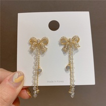 Korean Pearl Tassel Bow 925 Silver Needle Modified Face Earrings Crystal Earrings Female Long