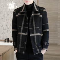 Plaid high-end cashmere jacket mens short lapel autumn and winter plus velvet thickened trend mens slim wool jacket