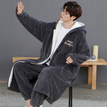 Pajamas men autumn and winter thick coral fleece warm long nightgown fattening plus size flannel loose robe male