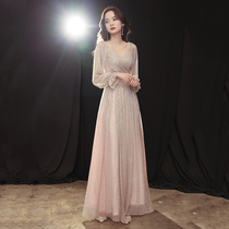 Host small evening dress 2021 new dress light luxury niche high-end banquet temperament long sleeve high quality