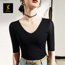 Latin dance practice suit womens adult top mid-sleeve summer 2021 new dance dress mesh modern dance suit V-neck T-shirt
