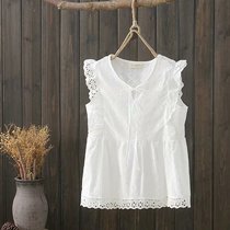 Pure cotton white hollow embroidery sleeveless shirt womens summer new Korean V-neck lace-up vest loose top ins