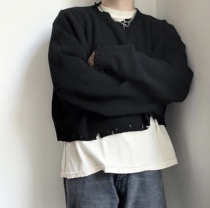 Mobile shelter burrs destruction design solid color base top short knitted pullover sweater for men and women