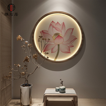 New Chinese Li Xiaoming Lotus luminous lamp screen Entrance decorative painting Living room round hanging screen Solid wood round partition