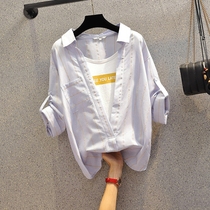 Big Code Womens Dress 2022 Summer New Loose Ocean Gas Fake Two Shirts Fat Sister Covered With Slim Korean Version Blouse
