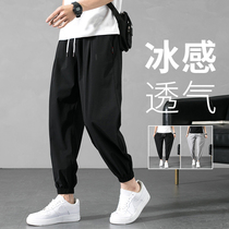 Ice silk pants mens summer thin tie pants loose leg nine-point Haren pants spring and autumn sports leisure trousers