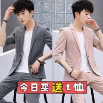 Summer short-sleeved suit Light suit mens upper body slim Korean casual suit Mens set with handsome fashion