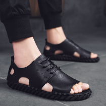 Tide Card Roman Sandals Mens Summer Outwear Driving Soft Bottom Casual Shoes Open Toe Hollowed-out Beach Shoes Genuine Leather Mens Shoes