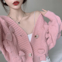 2021 Spring and Autumn New Sweet Pink Bow Sweater Cardigan Jacket Vintage Loose Slim Long Sleeve Top Women