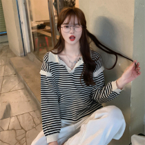 Autumn 2021 New Harajuku style Japanese design sense splicing stripe long sleeve polo collar slim Joker sweater