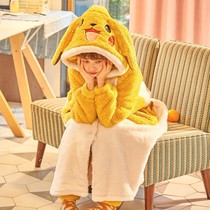 Autumn and winter pajamas female flannel robes female thick coral velvet long cute sweet hooded home suit suit
