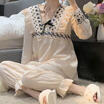 2021 New Sexy Pure Lace V - sleeping dress female fall long sleeve long - sleeved pants home suit two suits