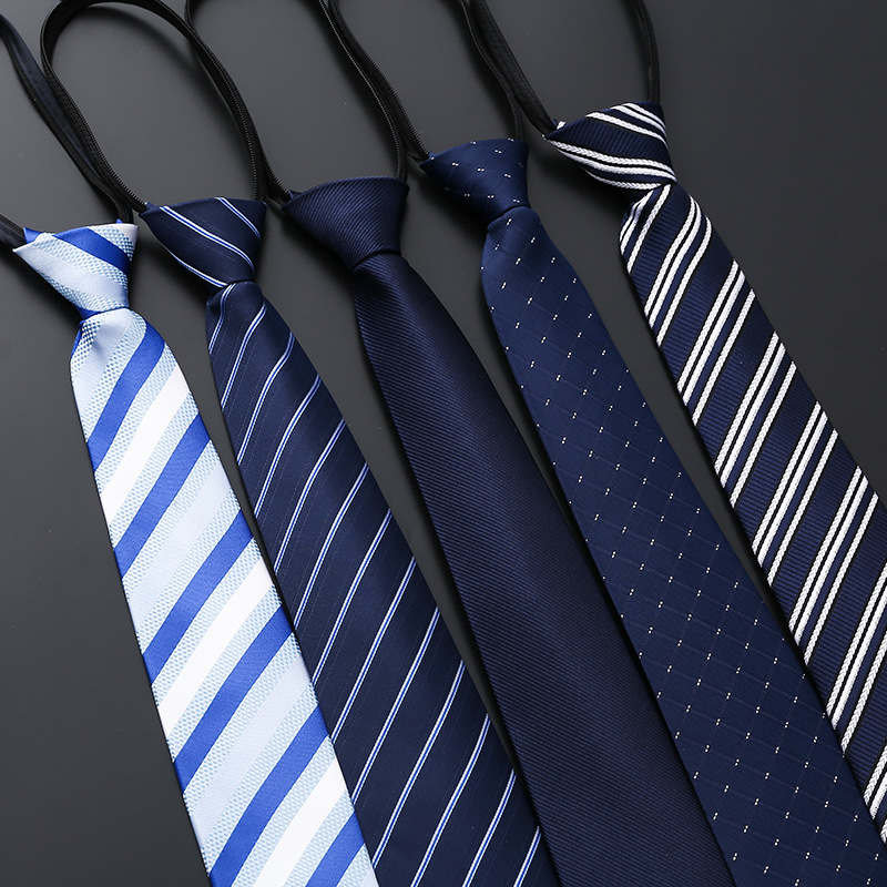 Men's Business Dress 8cm Wide Zipper Tie Groom Wedding Stripe Black Lazy Tie