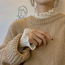 Semi-high neck lace base shirt womens autumn and winter New long sleeve sweater with wooden ears
