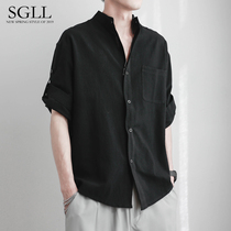Linen shirt Mens short-sleeved shirt Loose mens Chinese style summer cotton and hemp mens casual jacket Half-sleeve top