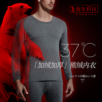  (See “bear velvet”technology material for the first time)Autumn and winter mens slim plus velvet bottoming autumn pants thermal underwear set
