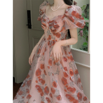 High-sense high-cold sister wind unique temperament beautiful tea break beautiful pink flower dress