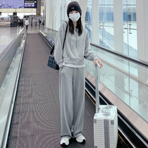 Gray sweater suit women spring and autumn 2021 new leisure fashion Foreign Air Age wide leg pants sports two-piece set