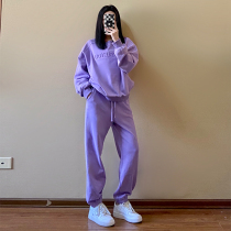 Purple Sportswear Suit Woman Spring Autumn Easy Plus Suede Thickened Casual Fashion Vegemon Pants Two Sets Foreign Air
