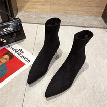 WUXIE Roman Hepburn black suede pointed thick heel short boots female elegant back zipper slim boots