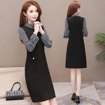 Long sleeve dress female medium length 2021 Autumn New Korean version waist size slim stitching high-end skirt