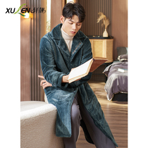 Korean Version Flannel Velvet Pyjamas Male Autumn Winter Thickened warm medium long Coral Fleece external wear with handsome large code bathrobe