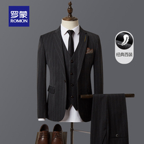 Romon Stripe suit suit suit men Korean version of slim business professional casual suit groom groomsman wedding dress